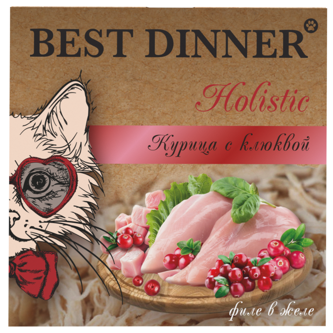 Best Dinner Holistic влажный корм для стерилизованных кошек, мясные волокна в желе "Курица с клюквой" - 75 гр х 6 шт