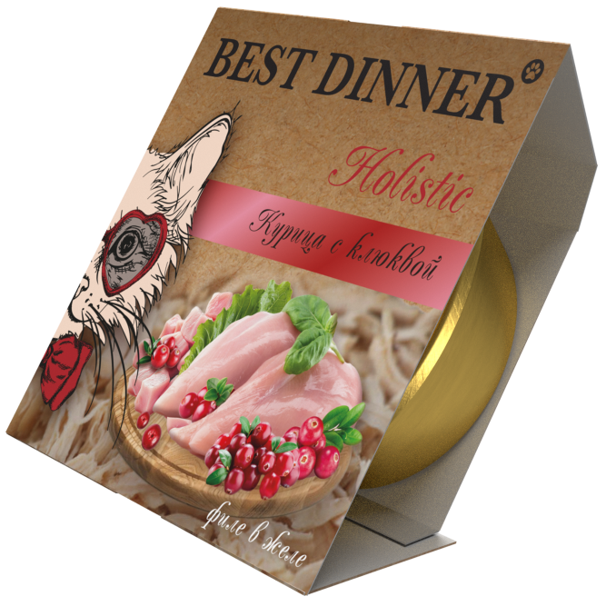 Best Dinner Holistic влажный корм для стерилизованных кошек, мясные волокна в желе "Курица с клюквой" - 75 гр х 6 шт
