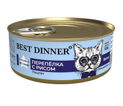 Best Dinner Exclusive Vet Profi Renal влажный корм для кошек при заболеваниях почек, паштет с перепелкой и рисом, в консервах - 100 г х 24 шт