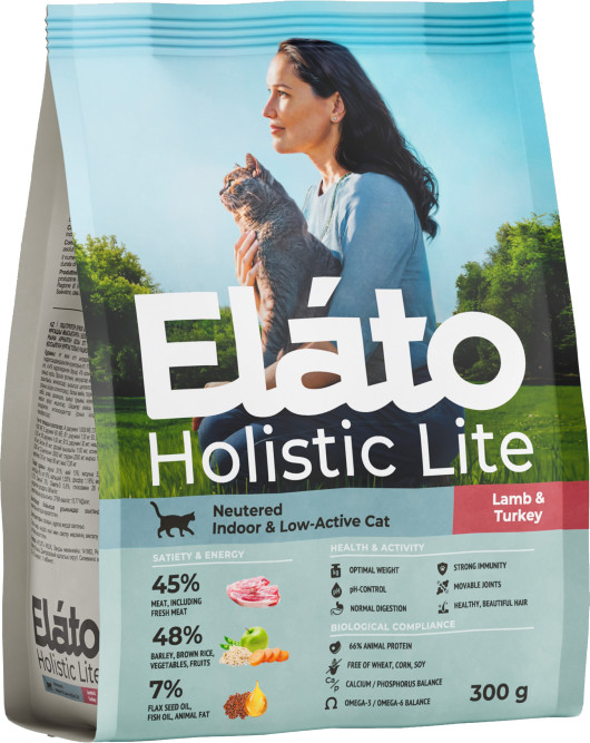 Elato Holistic Lite полнорационный сухой корм для кастрированных котов и стерилизованных кошек, с ягненком и индейкой - 300 г