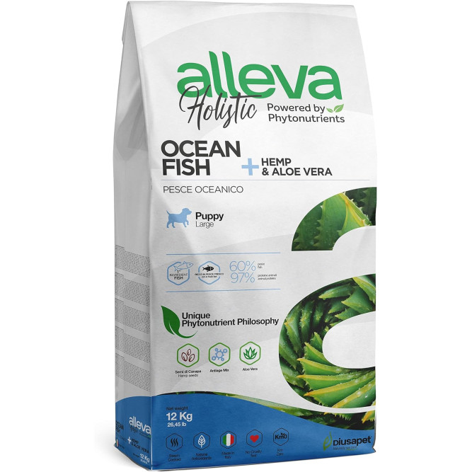 Alleva Holistic Puppy/Junior Ocean Fish Maxi сухой корм для щенков крупных пород с океанической рыбой, коноплей и алое вера 12 кг