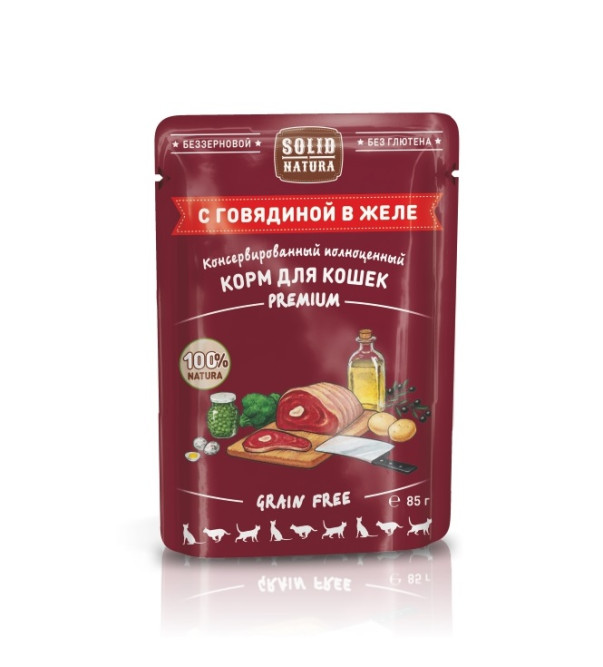 Solid Natura Premium паучи для взрослых кошек кусочки в желе с говядиной - 85 г х 14 шт