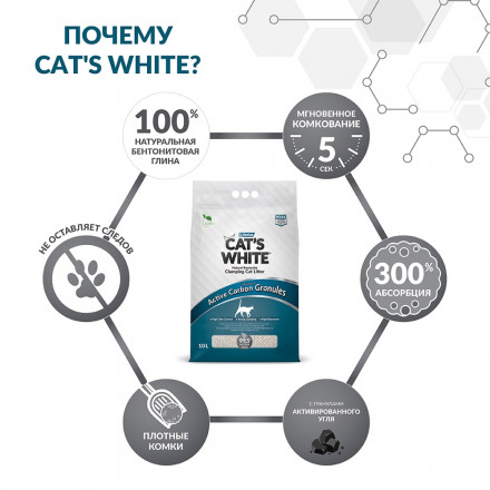 Cat&#039;s White Active Carbon Granules наполнитель комкующийся для кошачьего туалета с гранулами активированного угля - 10 л