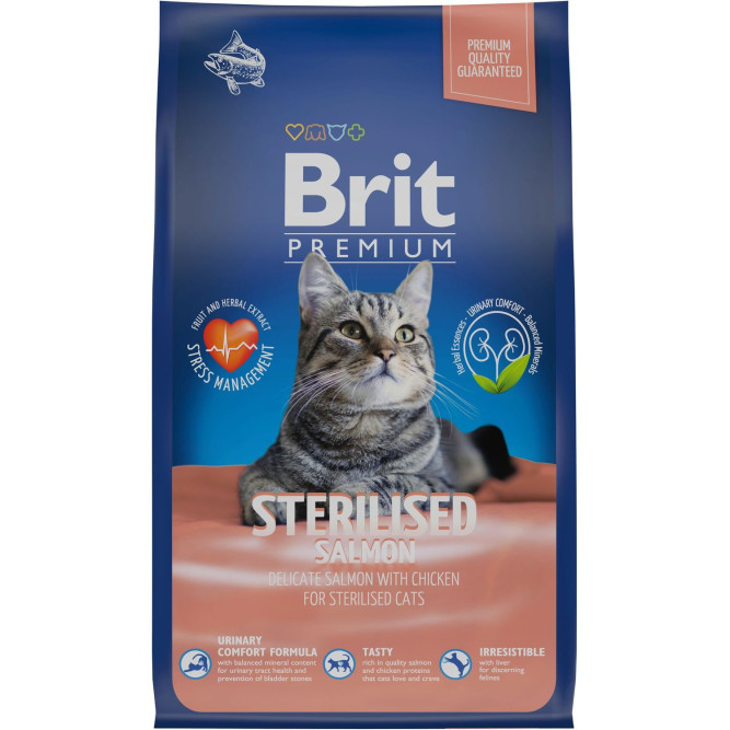 Brit Premium Cat Sterilised сухой корм для взрослых стерилизованных кошек с курицей и лососем - 800 г
