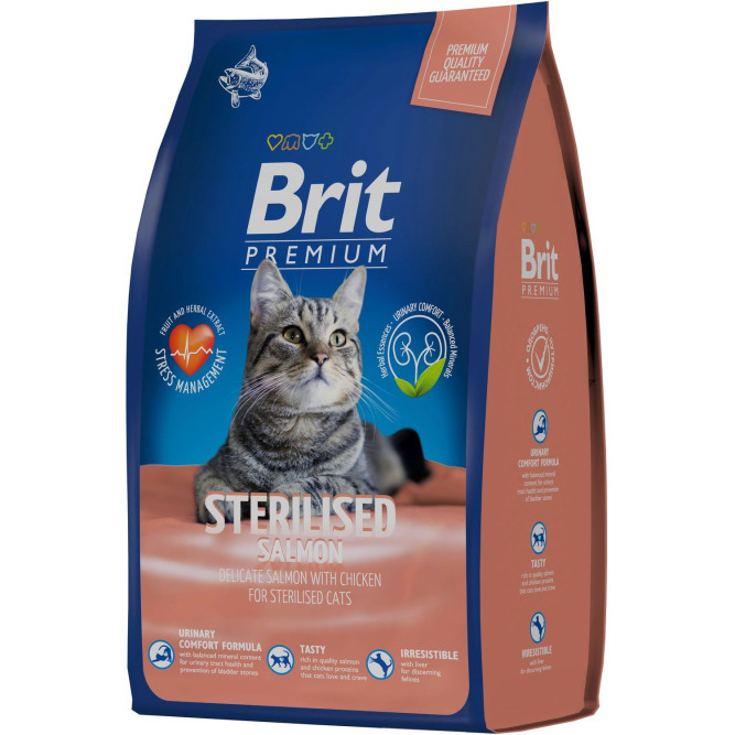 Brit Premium Cat Sterilised сухой корм для взрослых стерилизованных кошек с курицей и лососем - 800 г