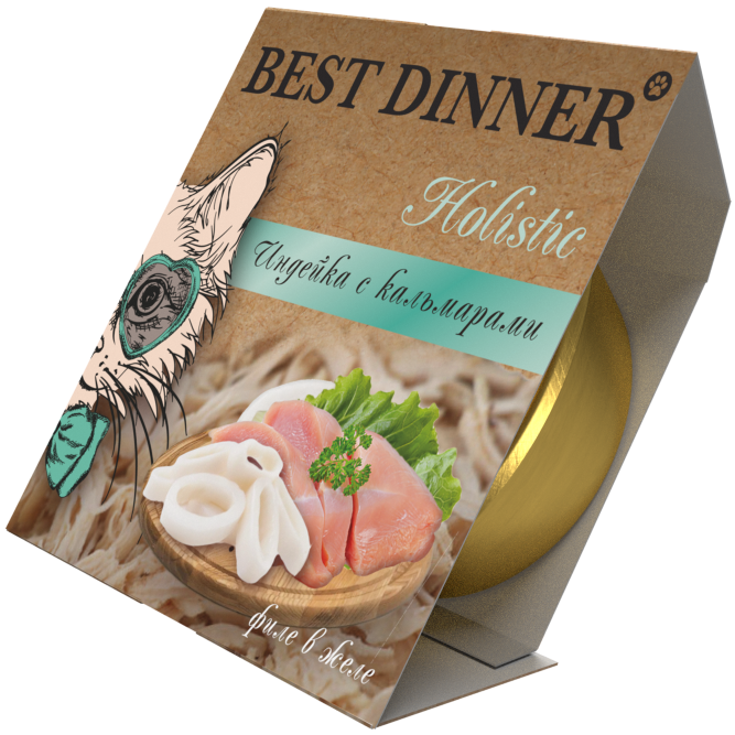 Best Dinner Holistic влажный корм для стерилизованных кошек, мясные волокна в желе "Индейка с кальмарами" - 75 гр х 6 шт