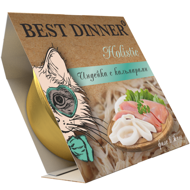 Best Dinner Holistic влажный корм для стерилизованных кошек, мясные волокна в желе "Индейка с кальмарами" - 75 гр х 6 шт