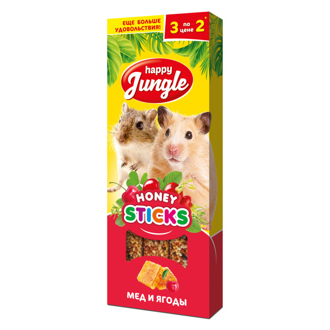 Happy Jungle лакомство для мелких грызунов, палочки, мед и ягоды - 3 шт