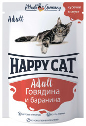 Happy Cat Adult влажный корм для взрослых кошек с говядиной и бараниной в паучах - 100 г (22 шт в уп)