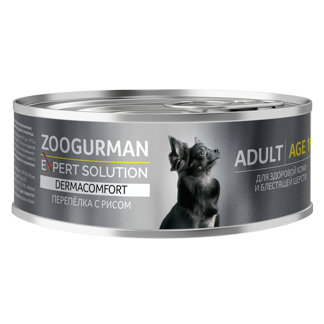 Зоогурман Expert Solution Dermacomfort влажный корм для взрослых собак всех пород, для здоровой кожи и блестящей шерсти с перепёлкой и рисом, консервы - 100 г х 12 шт