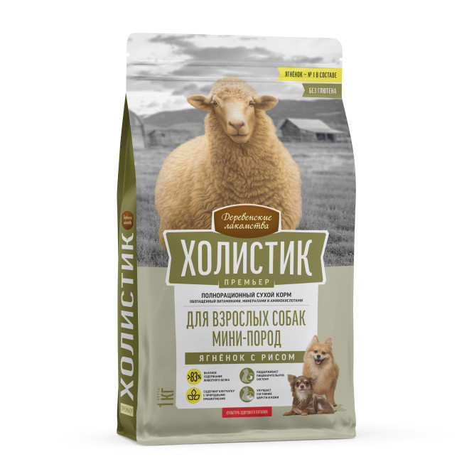 Деревенские лакомства Холистик Премьер сухой корм для взрослых собак мелких пород с ягненком и рисом - 1 кг