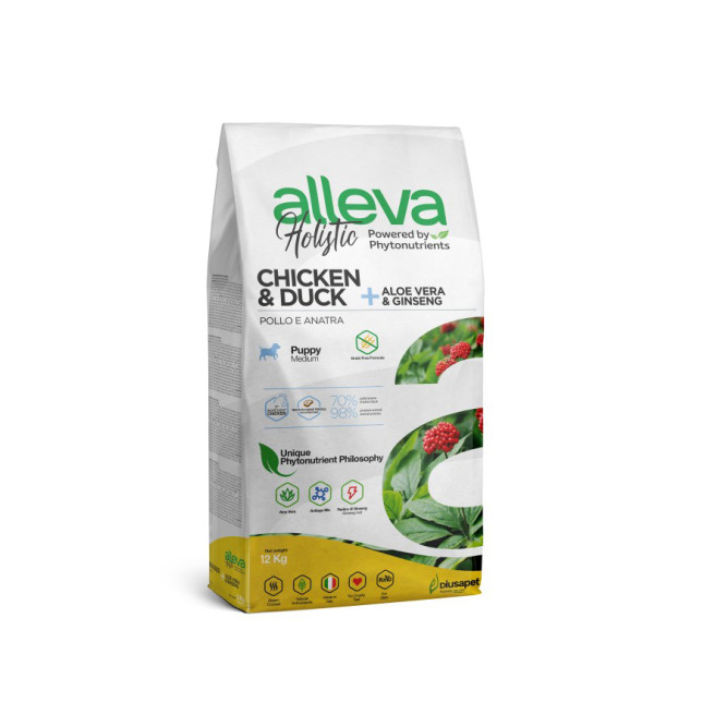 Alleva Holistic Puppy/Junior Chicken &amp; Duck Medium сухой корм для щенков средних пород с курицей и уткой, алое вера и женьшенем 12 кг