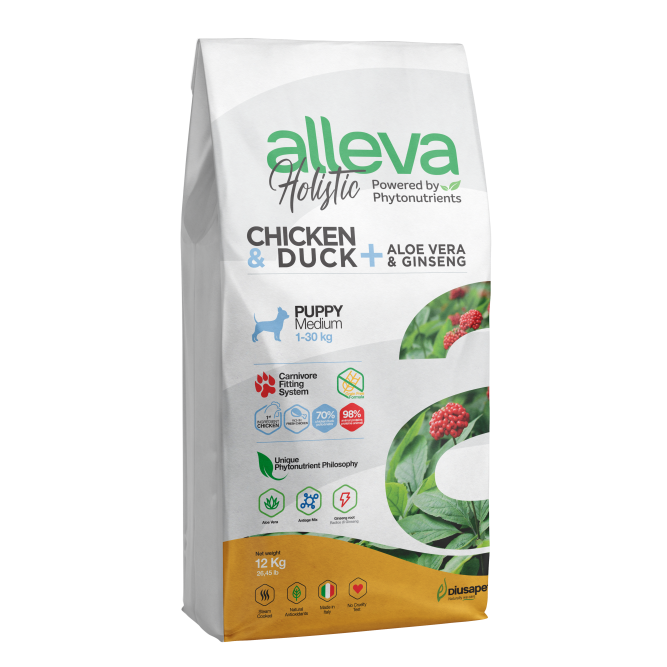 Alleva Holistic Puppy/Junior Chicken &amp; Duck Medium сухой корм для щенков средних пород с курицей и уткой, алое вера и женьшенем 12 кг
