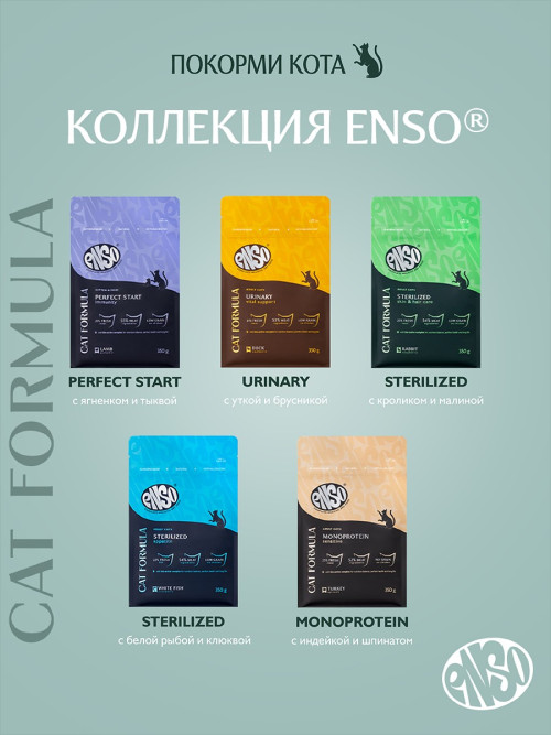 ENSO Cat Formula Sterilized сухой корм для взрослых стерилизованных кошек со свежим кроликом и добавлением малины - 350 г