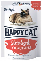 Happy Cat паучи для стерилизованных кошек с говядиной в желе - 100 г х 22 шт