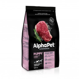 AlphaPet Superpremium сухой полнорационный корм для щенков, беременных и кормящих собак средних пород с говядиной и рисом - 900 г