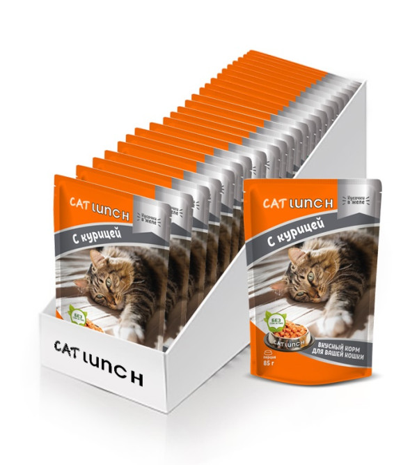 Cat Lunch влажный корм для взрослых кошек кусочки в желе с курицей, в паучах - 85 г х 24 шт