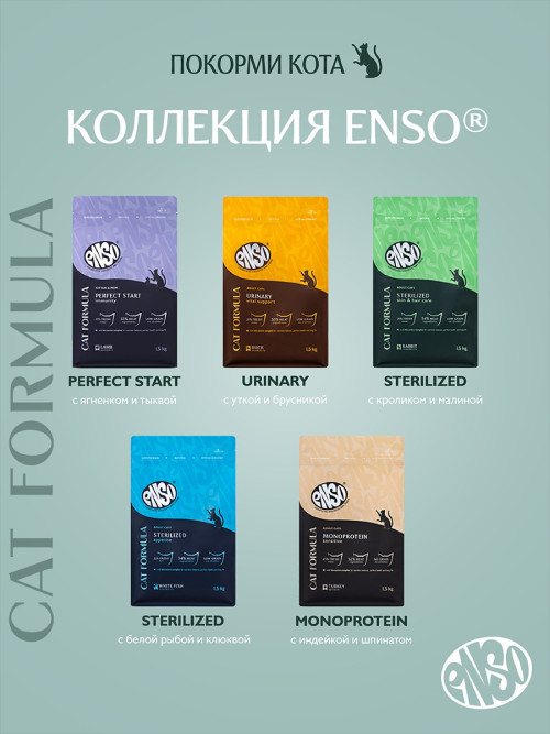 ENSO Cat Formula Sterilized сухой корм для взрослых стерилизованных кошек со свежим кроликом и добавлением малины - 1,5 кг
