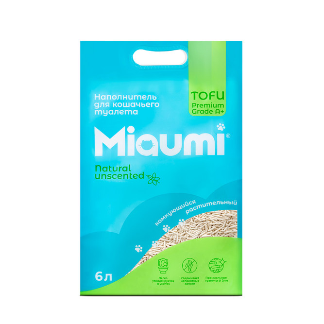 Miaumi TOFU Natural Unscented наполнитель комкующийся соевый для кошачьего туалета, без ароматизатора - 6 л (2,5 кг)