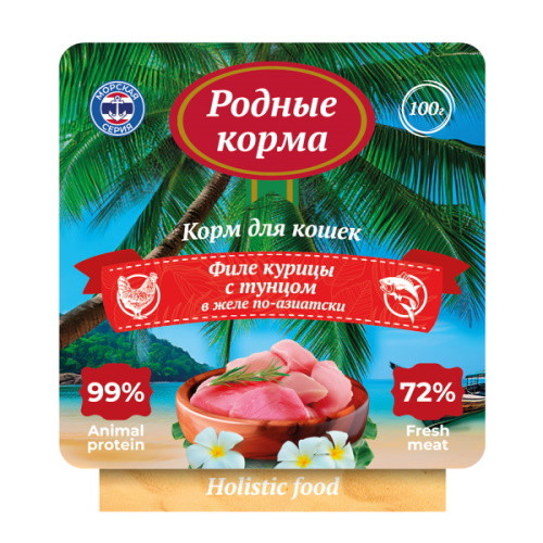 Родные Корма Морская серия влажный корм для взрослых кошек, филе курицы с тунцом в желе по-азиатски, в ламистерах - 100 г х 14 шт