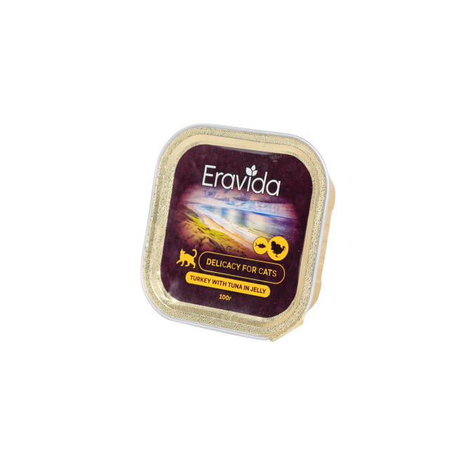 Eravida влажный дополнительный корм для кошек, желе с индейкой и тунцом, в ламистерах - 100 г х 16 шт