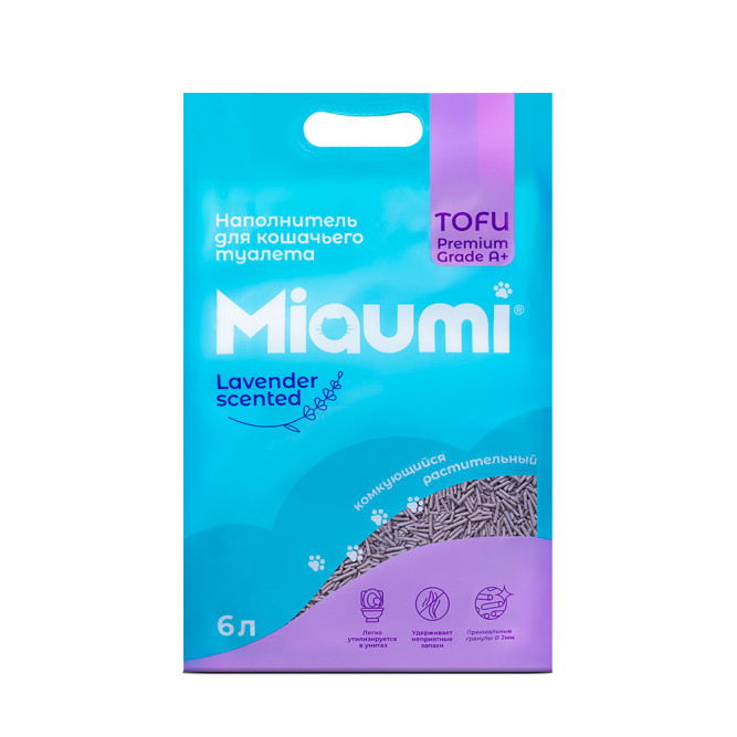 Miaumi TOFU Lavender Scented наполнитель комкующийся соевый для кошачьего туалета, с нежным ароматом лаванды - 6 л (2,5 кг)