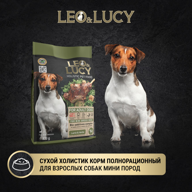 LEO&amp;LUCY сухой холистик корм для взрослых собак мелких пород с ягненком и травами - 800 г