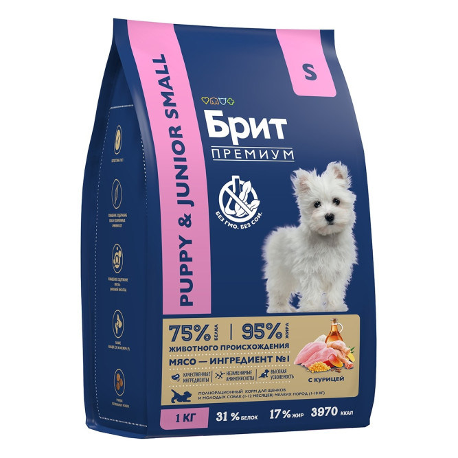 Брит Премиум Dog Puppy and Junior Small сухой корм для щенков и молодых собак мелких пород с курицей - 1 кг