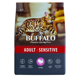 Mr.Buffalo Adult Sensitive полнорационный сухой корм для взрослых котов и кошек с чувствительным пищеварением, с индейкой - 1,8 кг