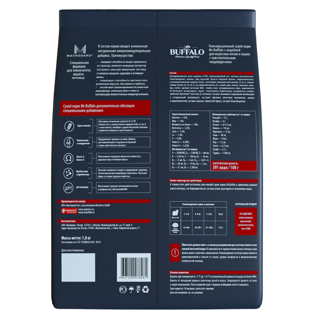 Mr.Buffalo Adult Sensitive полнорационный сухой корм для взрослых котов и кошек с чувствительным пищеварением, с индейкой - 1,8 кг
