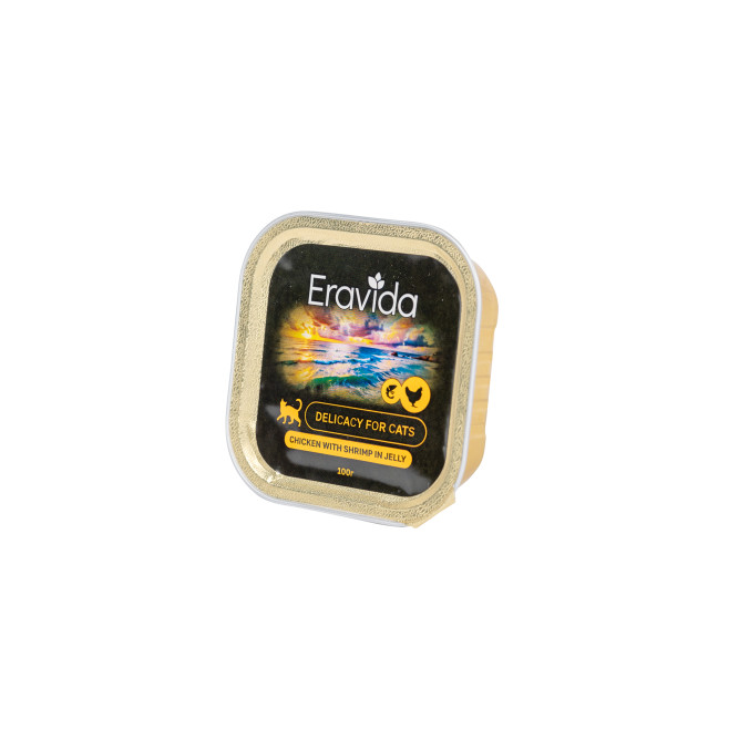 Eravida влажный дополнительный корм для кошек, желе с курицей и креветками, в ламистерах - 100 г х 16 шт