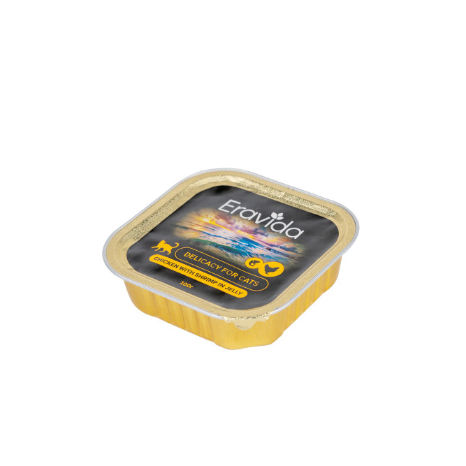 Eravida влажный дополнительный корм для кошек, желе с курицей и креветками, в ламистерах - 100 г х 16 шт