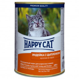 Happy Cat Adult влажный корм для врослых кошек с индейкой и цыпленком в консервах - 400 г (24 шт в уп)