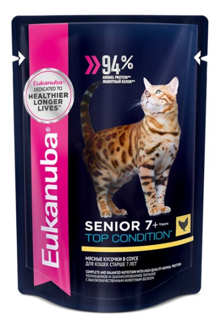 Влажный корм Eukanuba Cat Senior для пожилых кошек с курицей в соусе - 85 г х 24 шт