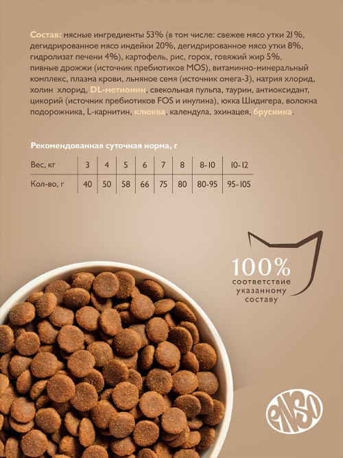 ENSO Cat Formula Urinary сухой корм для взрослых кошек для профилактики мочекаменной болезни со свежей уткой и добавлением брусники - 350 г