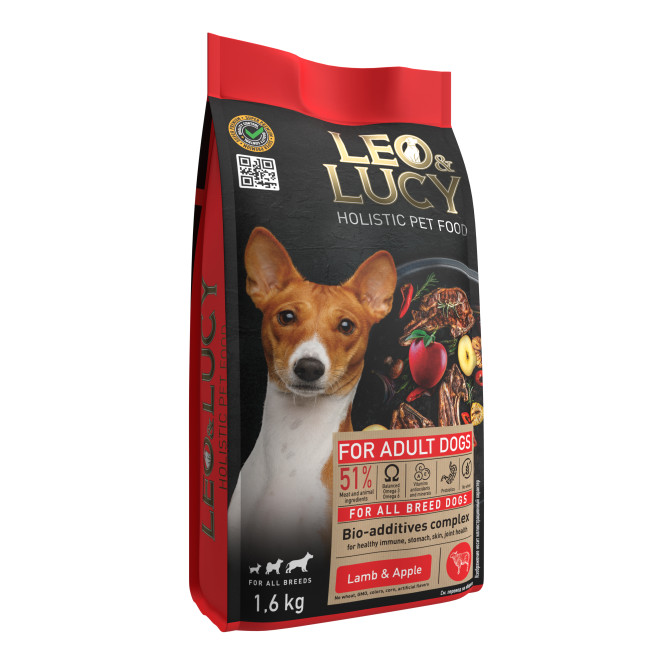 LEO&amp;LUCY сухой холистик корм для взрослых собак всех пород с ягненком и яблоком - 1,6 кг