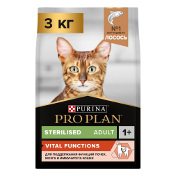 Pro Plan Adult Vital Functions сухой корм для взрослых кошек для поддержания функций почек, мозга и иммунитета, с лососем - 3 кг