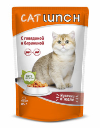 Cat Lunch влажный корм для взрослых кошек кусочки в желе с говядиной и бараниной, в паучах - 85 г х 24 шт