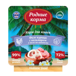 Родные Корма Морская серия влажный корм для взрослых кошек, филе курицы с кальмаром в желе по-азиатски, в ламистерах - 100 г х 14 шт