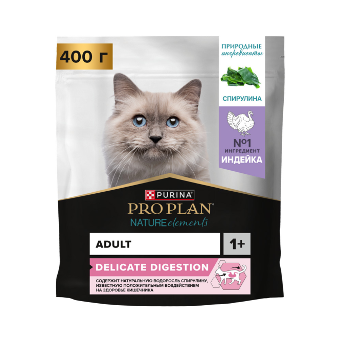 Purina Pro Plan Nature Elements Delicate Digestion сухой корм для взрослых кошек при чувствительном пищеварении или с особыми предпочтениями в еде, с высоким содержанием индейки - 400 г