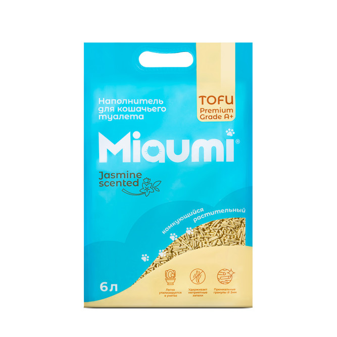 Miaumi TOFU Jasmine Scented наполнитель комкующийся соевый для кошачьего туалета, с тонким ароматом жасмина - 6 л (2,5 кг)