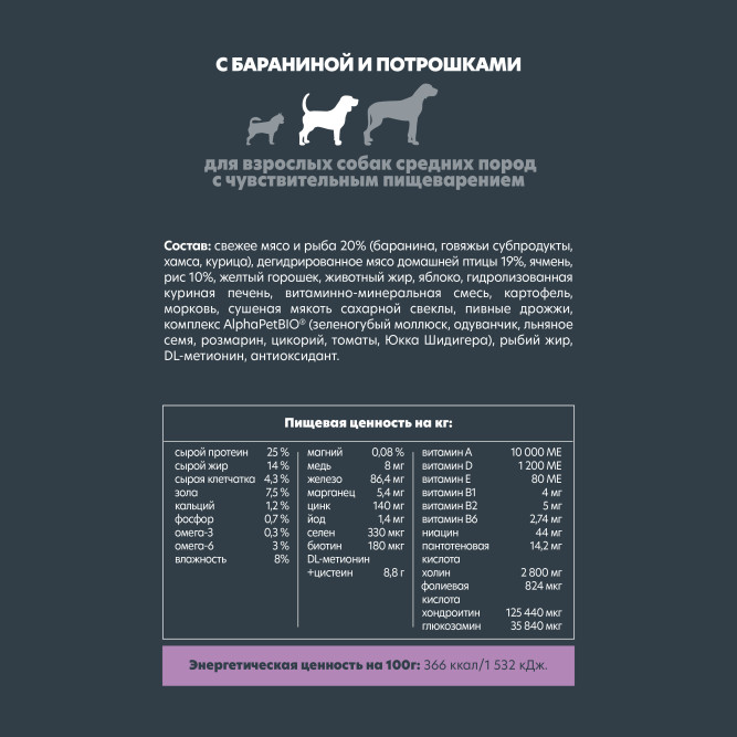 AlphaPet Superpremium сухой полнорационный корм для взрослых собак средних пород с чувствительным пищеварением с бараниной и потрошками - 7 кг