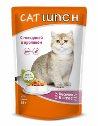 Cat Lunch влажный корм для взрослых кошек кусочки в желе с говядиной и кроликом, в паучах - 85 г х 24 шт