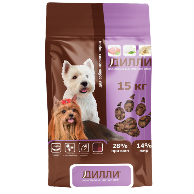 Дилли сухой корм для взрослых собак мелких пород - 15 кг