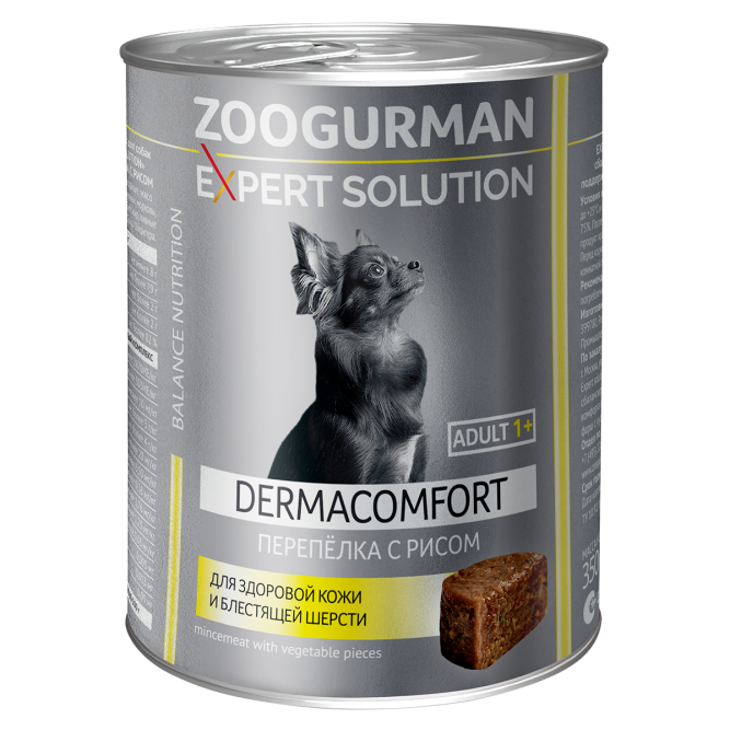 Зоогурман Expert Solution Dermacomfort влажный корм для взрослых собак всех пород, для здоровой кожи и блестящей шерсти с перепёлкой и рисом, консервы - 350 г х 12 шт