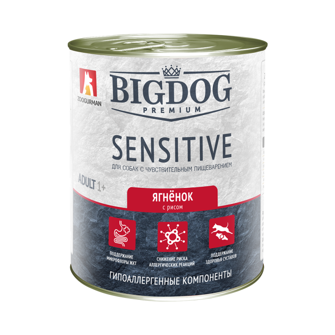Зоогурман Big Dog Premium Sensitive влажный корм для взрослых собак средних и крупных пород, при чувствительном пищеварении с ягненком и рисом - 850 г х 6 шт