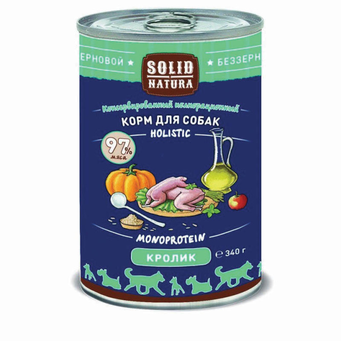Solid Natura Holistic влажный корм для взрослых собак с кроликом, в консервах - 340 г х 6 шт