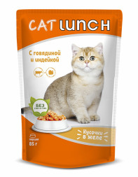 Cat Lunch влажный корм для взрослых кошек кусочки в соусе с говядиной и индейкой, в паучах - 85 г х 24 шт