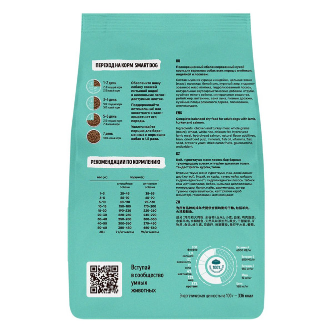 Smart Dog сухой корм для взрослых собак всех пород, с ягненком, лососем, индейкой - 3 кг