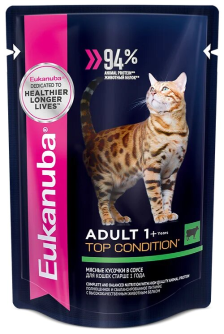 Влажный корм Eukanuba Adult Cat для кошек с говядиной в соусе - 85 г х 24 шт